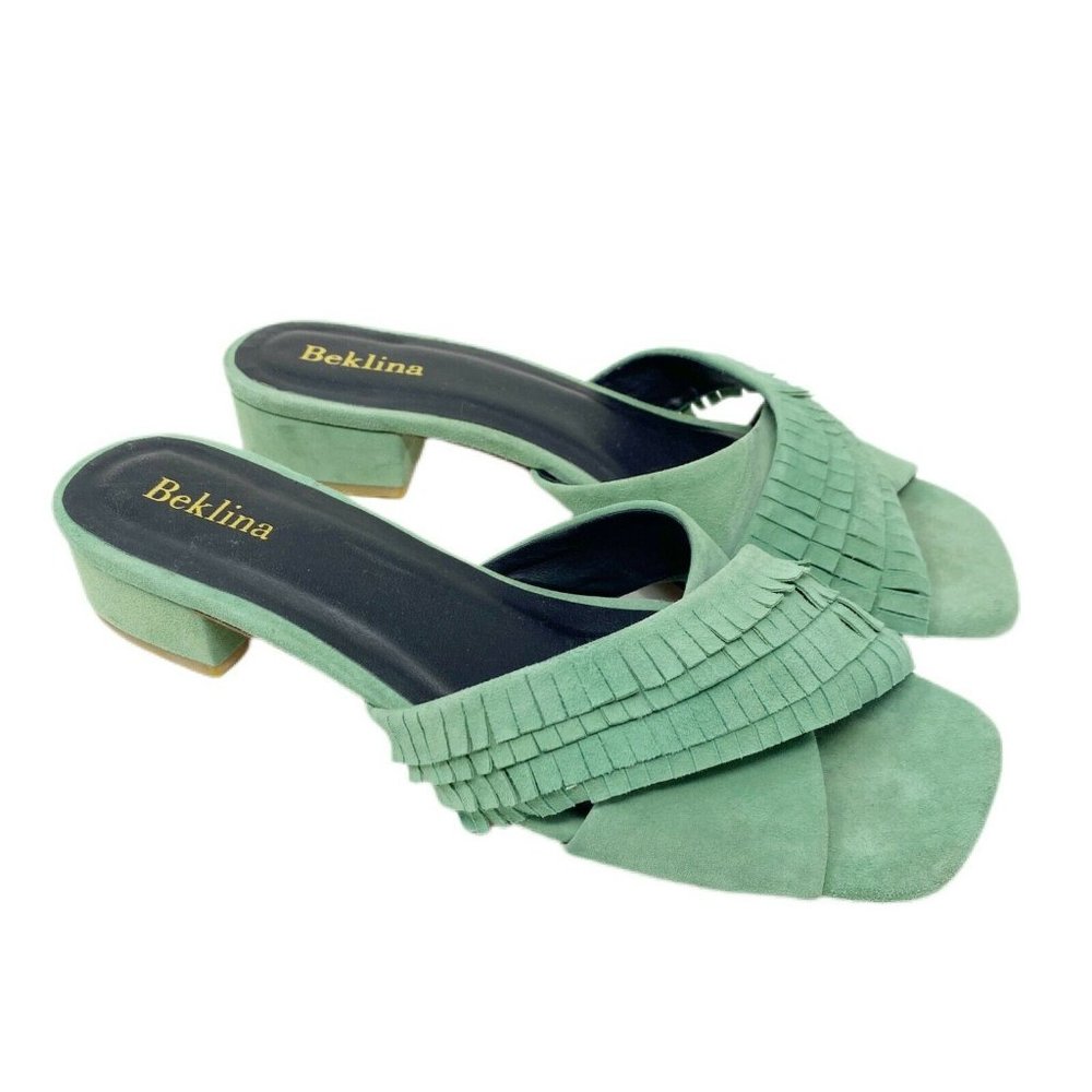 Beklina Womens Green Suede Criss-Cross Ruffle Strap Slip On Slide Sandals Sz 10